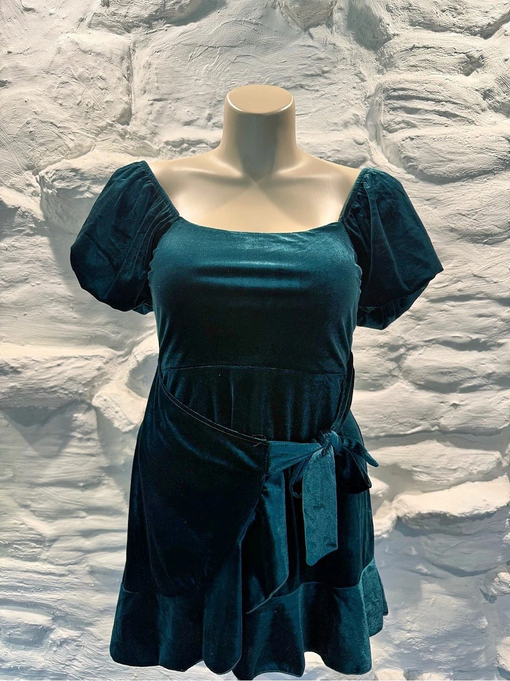 Trixxi Velvet Plush Puff Sleeve Mini Faux Wrap Dress Large Emerald Green Like Ne